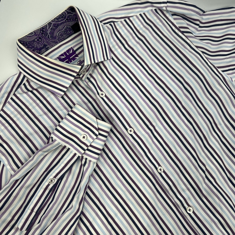 Michelsons London Button Up Mens Purple Striped‎ Shirt Size Large 100% Cotton